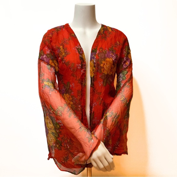 Art Silk Floral Print Sheer Flare Sleeves Womens SZ XS Fairycore Whimsical - Picture 1 of 6